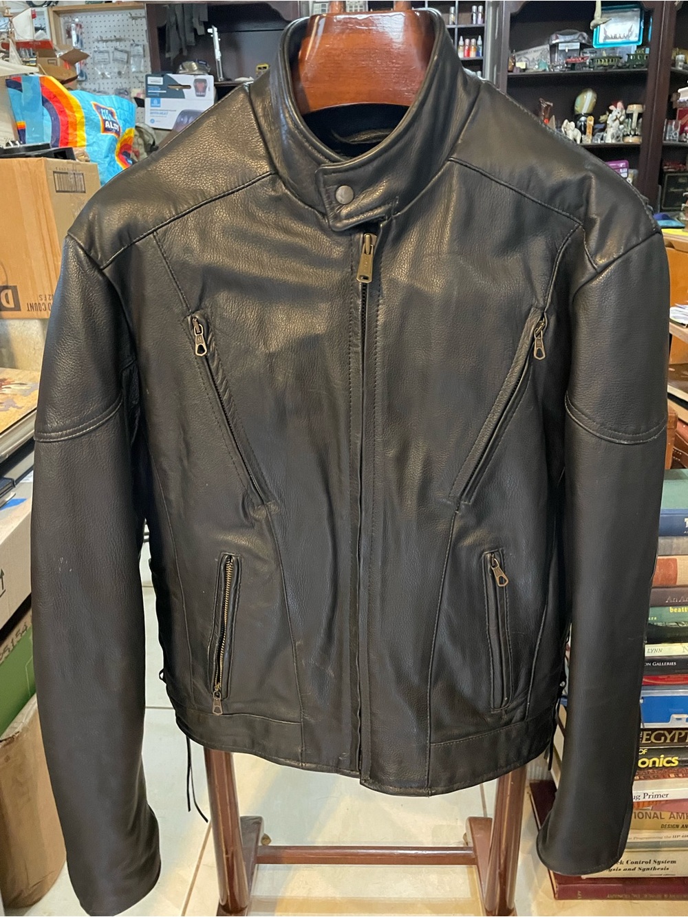 Unik Black Leather Collarless, Motorcycle Jacket W Zip-in Cold-weather Lining